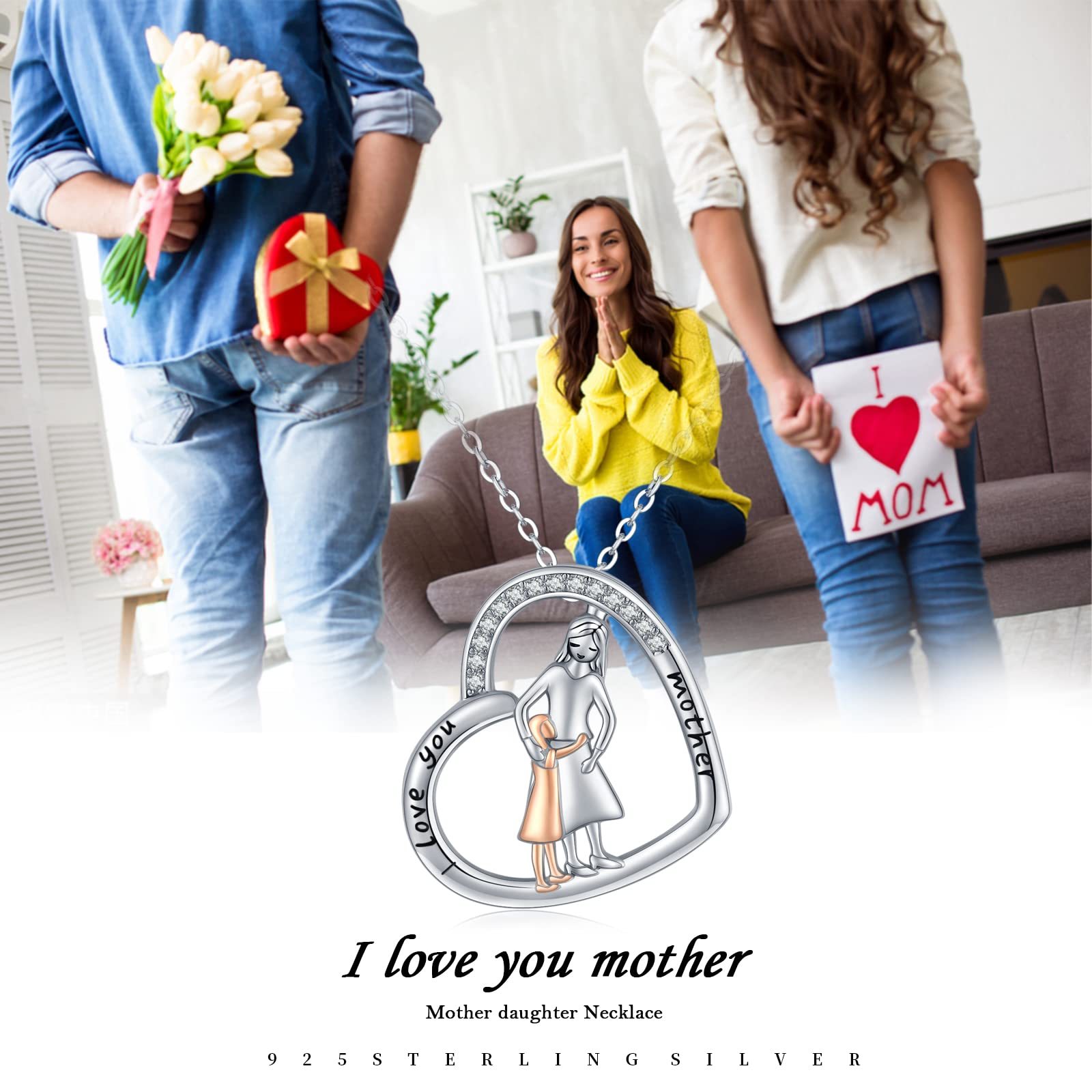 Mother Daughter Pendant Necklace 925 Sterling Silver Jewelry